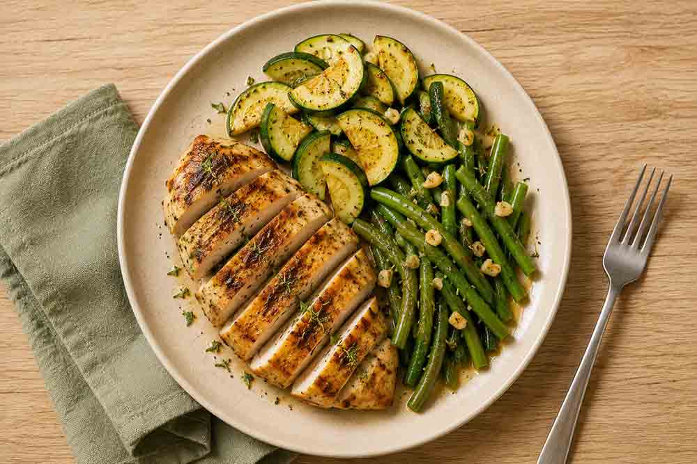Poulet grillé aux courgettes et haricots verts